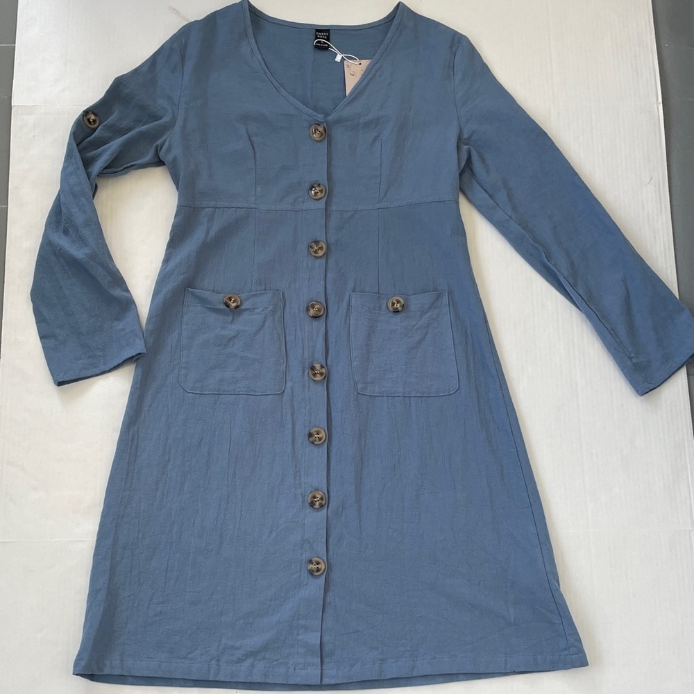 Emery Rose Blue V-Neck Cotton Dress Small